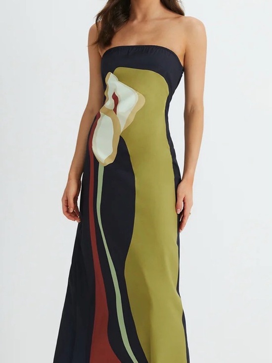 Commense Dresses & Skirts - Commense Strapless Maxi Dress in Olive, Black & Cream Floral: Small